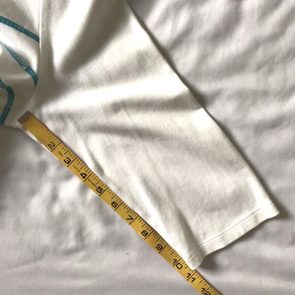 Christopher & Banks Top Tee L White Aqua Stripe 3/4 Slv Sequins Cotton Knit EEUC - Picture 9 of 9